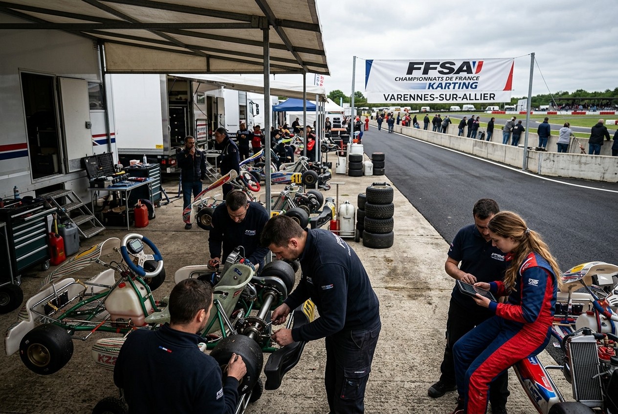 Karting action at the FFSA meeting with drivers racing on a newly paved track.