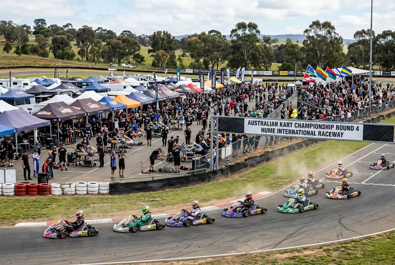 Karts racing at Hume International Raceway during the Australian Kart Championship.