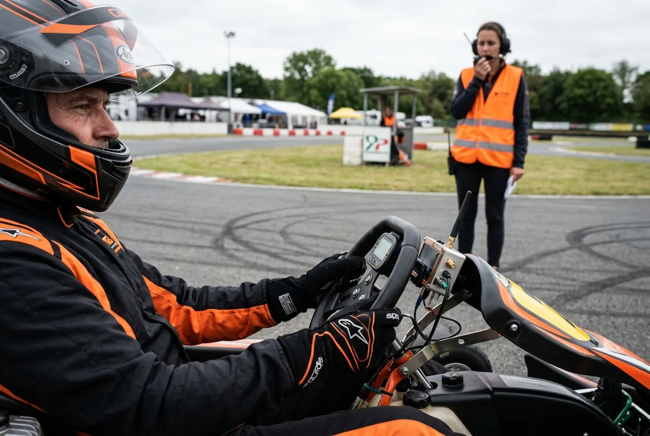 Visually impaired drivers racing in karts at the Anneville circuit.