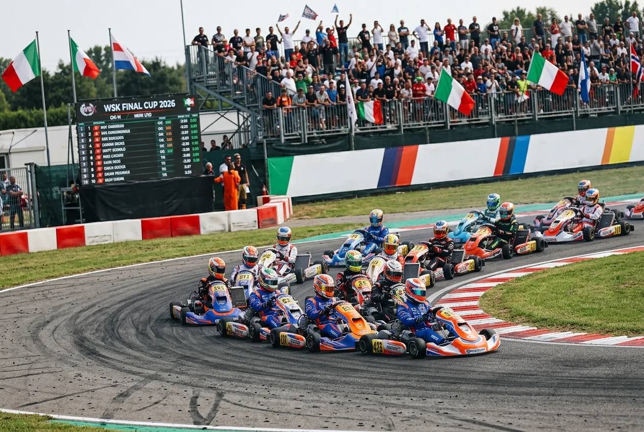 Karts racing during the WSK Final Cup 2026 at Franciacorta, Italy.