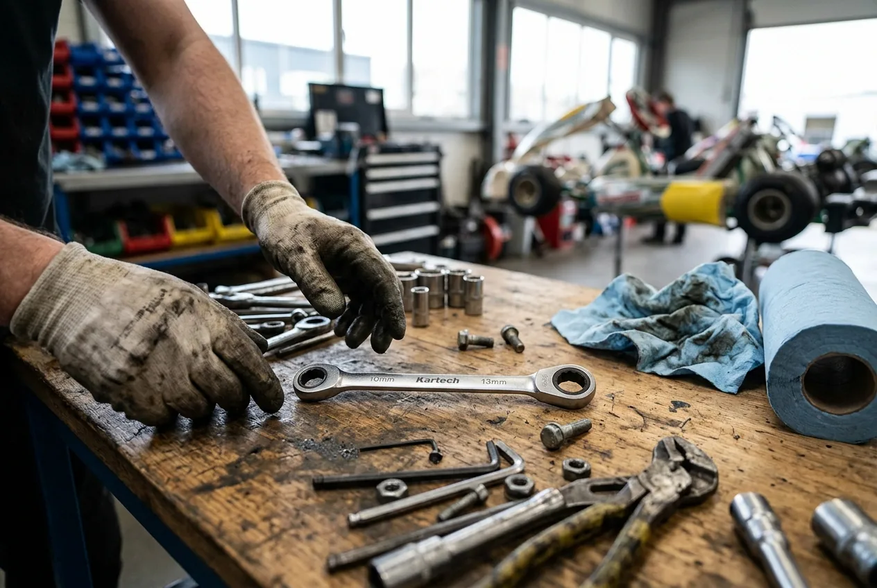 Close-up of the Kartech 10mm-13mm Ratchet Spanner on a workbench.