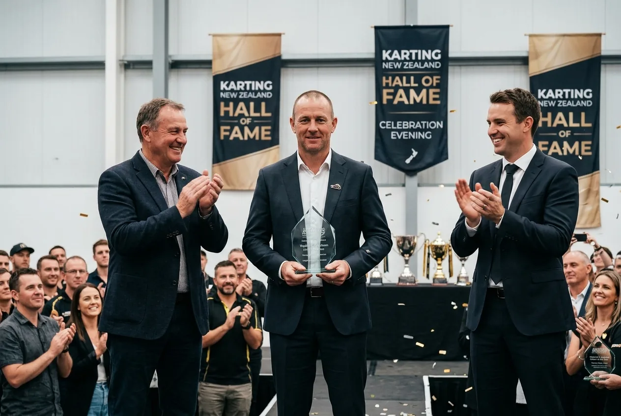 Wade Cunningham receiving an award at the Karting New Zealand Hall of Fame event.