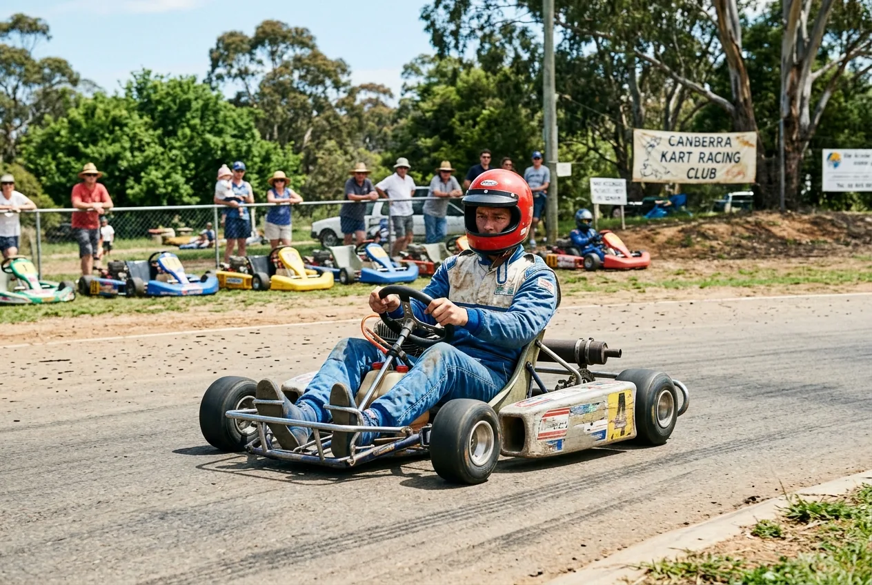 Mark Webber racing in a go-kart at Canberra Kart Racing Club.
