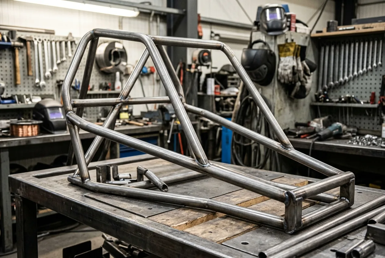 Detailed view of kart roll cage designs in a workshop.
