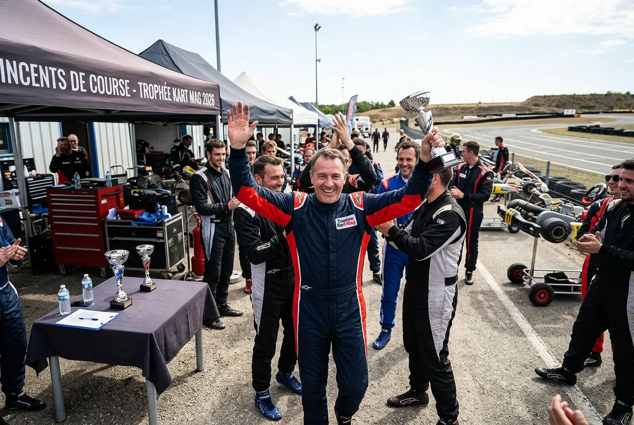 Thomas Givet celebrating his victory at the 2026 Kart Mag Trophy.