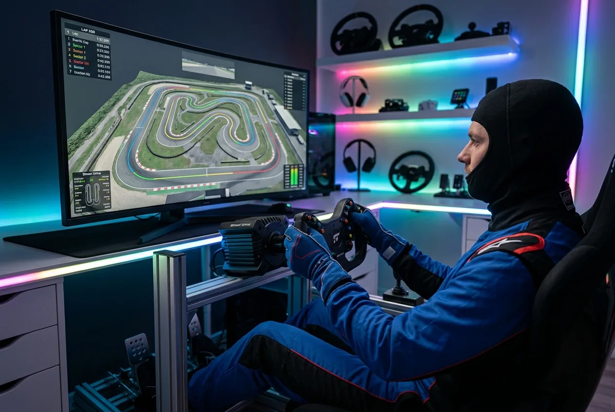 Driver focused on a kart racing simulator with a detailed track layout.