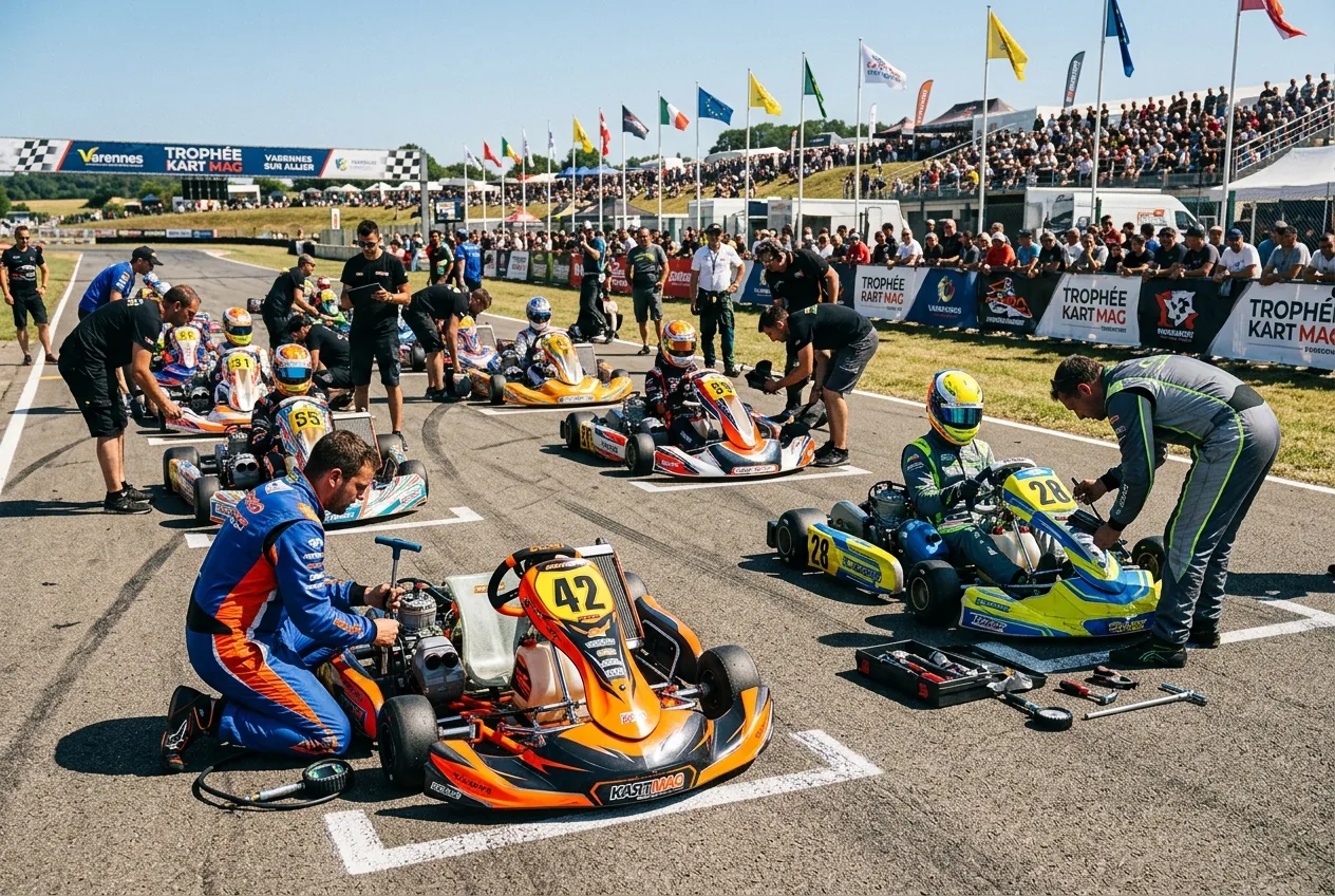Karting scene at Trophée Kart Mag 2026 with karts on the grid.