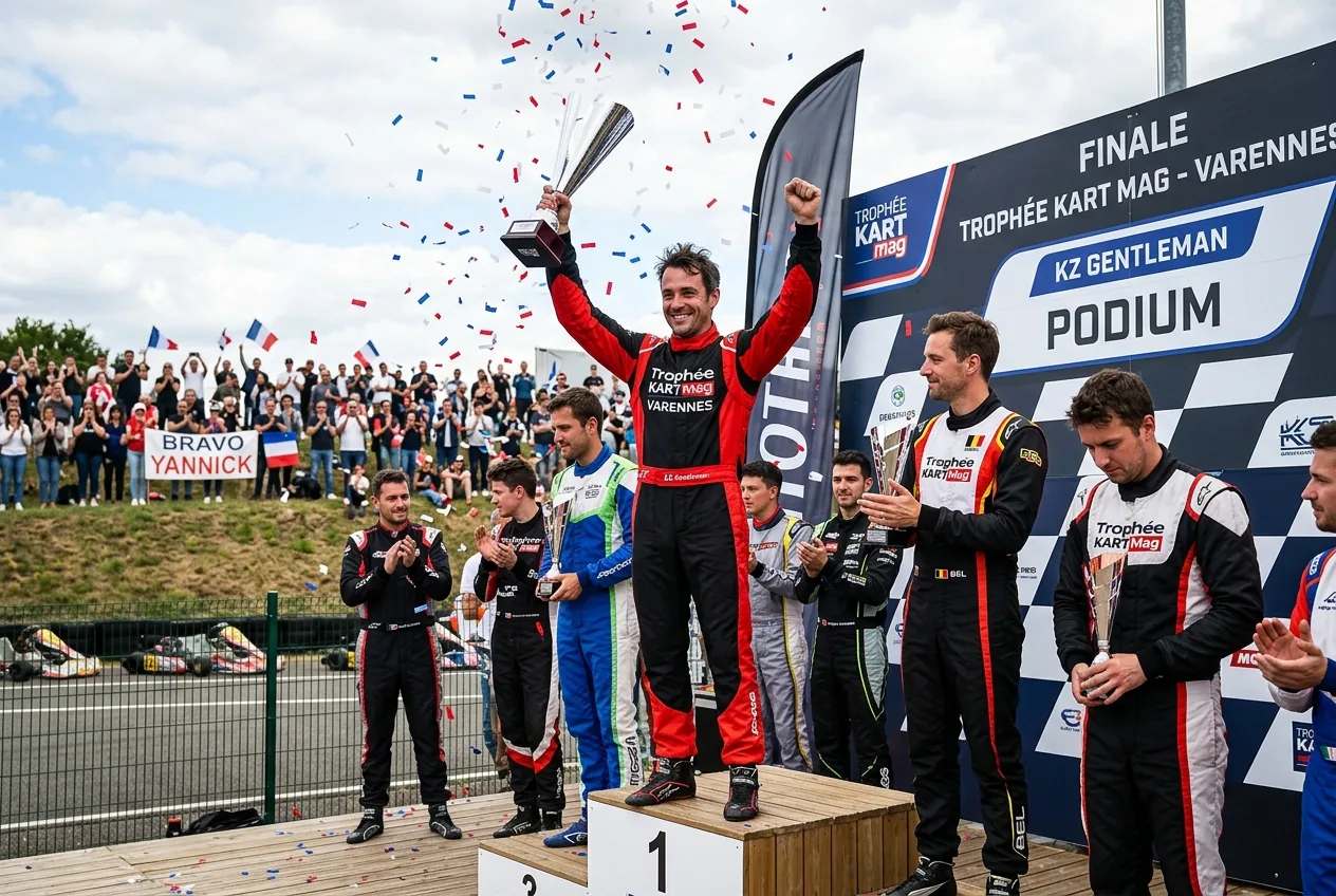 Yannick Leclerc celebrating victory at Trophée Kart Mag finale.