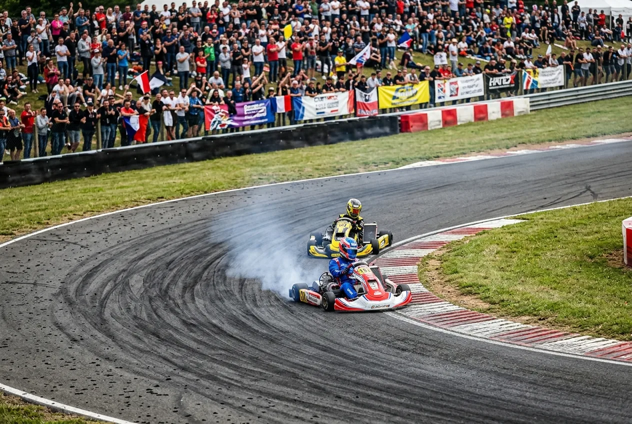 Karts racing during the Trophée Kartmag 2026 at Varennes sur Allier.