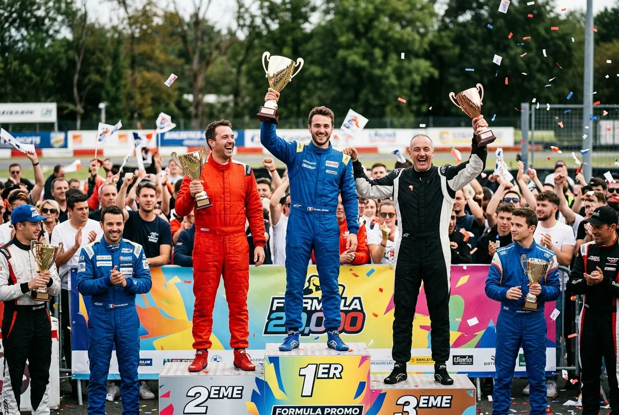 Podium ceremony at the karting event with winners holding trophies.
