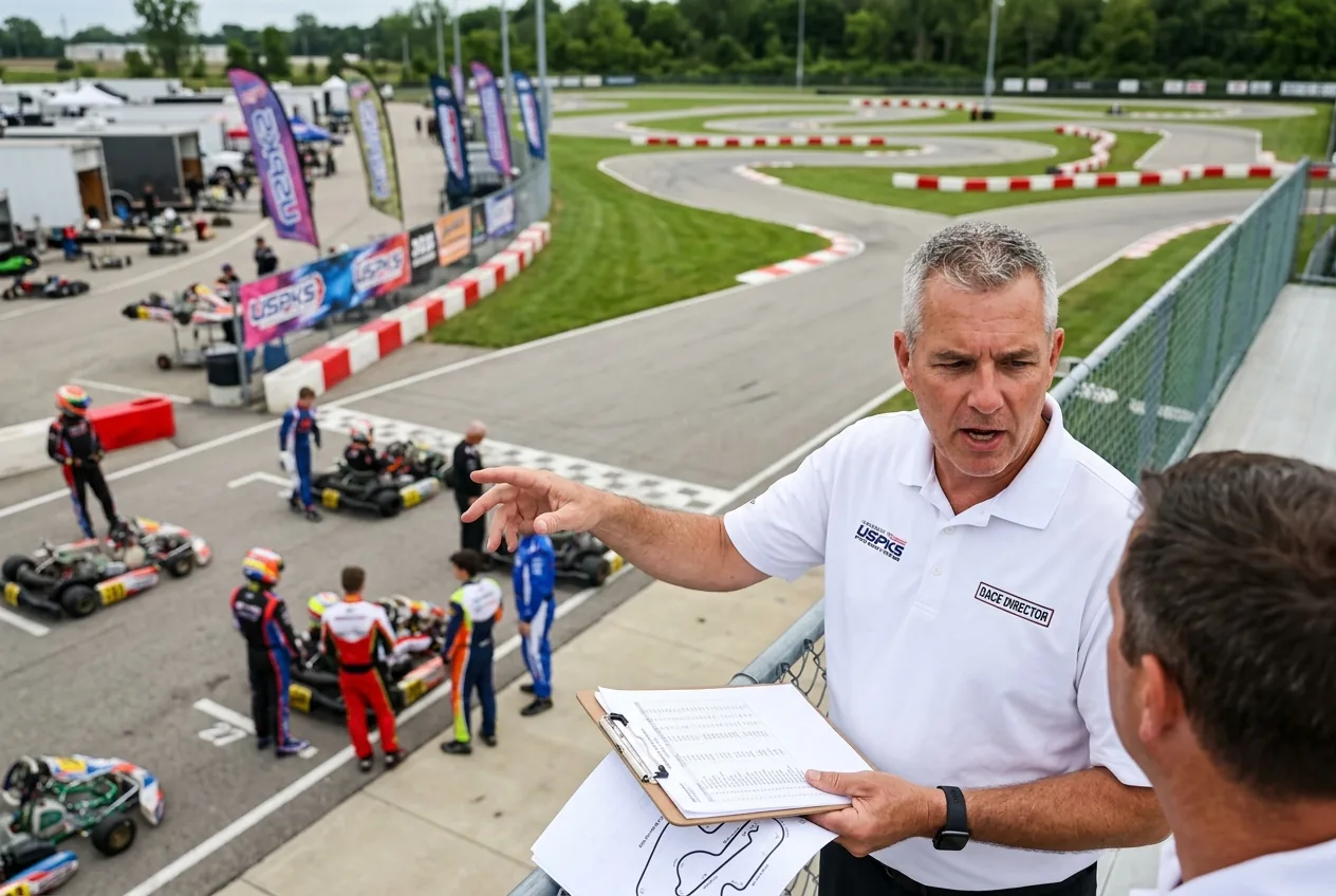 Race director discussing results at Lorain Ohio Kartplex.