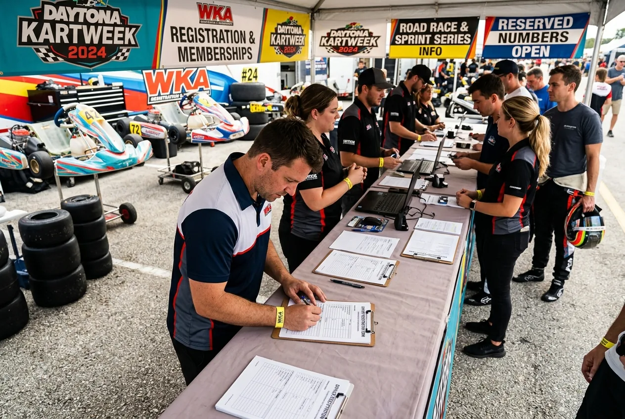 Drivers registering for Daytona KartWeek at a busy booth.